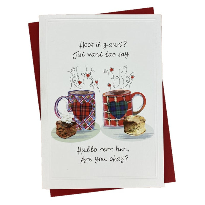 Scottish card with a two tartan mugs and scones design on the front