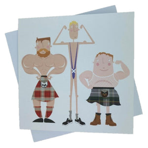 Greetings card with three scottish men in kilts and mankini