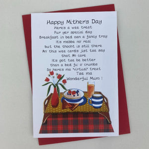 Mother's Day Scottish card with a poem and tartan breakfast tray on the front