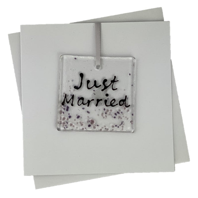 White Fused Glass Art Card with 'Just Married' text