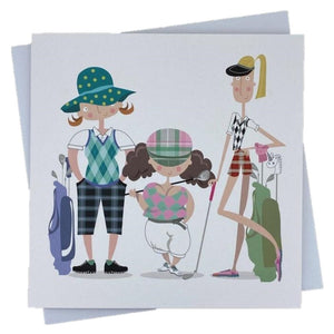 card with a design of three female Golfers is the perfect Scottish greeting card