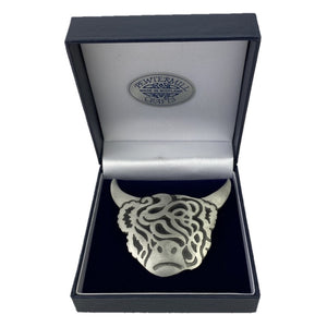 Large Scottish Brooch with Silver Highland Cow Design