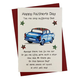 "Happy Faither's Day Tae ma long suffering Dad" card with a funny poem and car design on the front