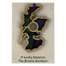 Load image into Gallery viewer, Lucky Sixpence Wooden Plaque with Scotland Map and tartan background
