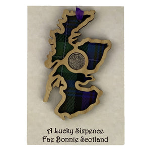 Lucky Sixpence Wooden Plaque with Scotland Map and tartan background