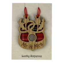Load image into Gallery viewer, Wooden Plaque with Two thistle design and lucky sixpence in the centre Scottish Wedding Gift
