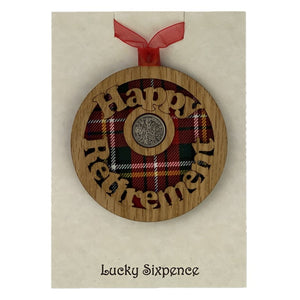 Scottish Gift Idea Wooden Plaque that says Happy Retirement and has Lucky Sixpence in the centre