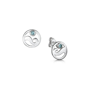 Flowing Scottish Coast Silver stud earrings featuring a blue crystal