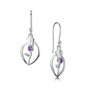 Silver Earrings with Thistle design and Purple Amethyst Crystal