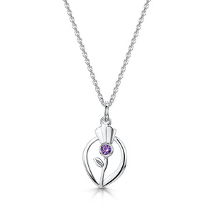 Silver Pendant Necklace with Thistle design and Purple Amethyst Crystal