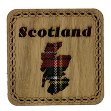 Load image into Gallery viewer, Square Wooden Map Coaster with Scotland Map made from red tartan
