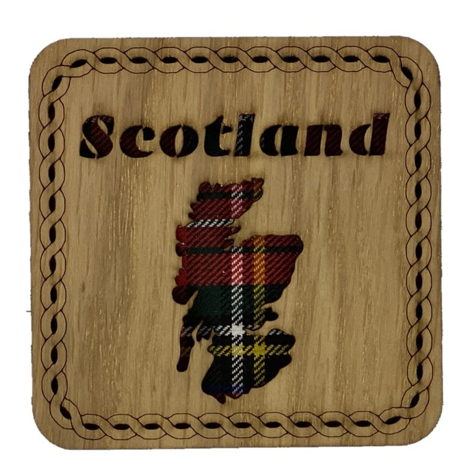 Square Wooden Map Coaster with Scotland Map made from red tartan