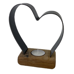 Wooden Tea Light Candle Holder with metal heart design and base made from whisky barrels