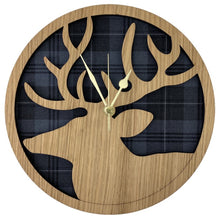 Load image into Gallery viewer, Circle Wooden Wall Clock with Tartan Background and wooden stag clock face design
