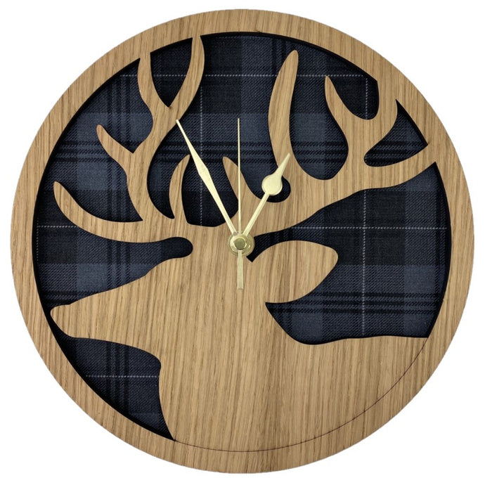 Circle Wooden Wall Clock with Tartan Background and wooden stag clock face design