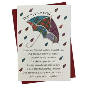 Birthday Card for friend with poem on the front and tartan umberella