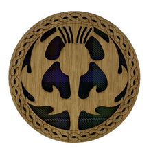 Load image into Gallery viewer, Wooden Coaster with Thistle design and tartan background
