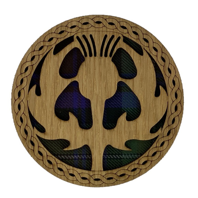Wooden Coaster with Thistle design and tartan background