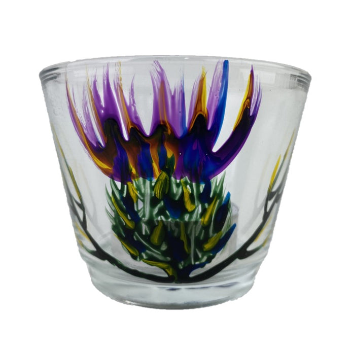 Glass Tealight Holder with blue and green hand painted thistle design