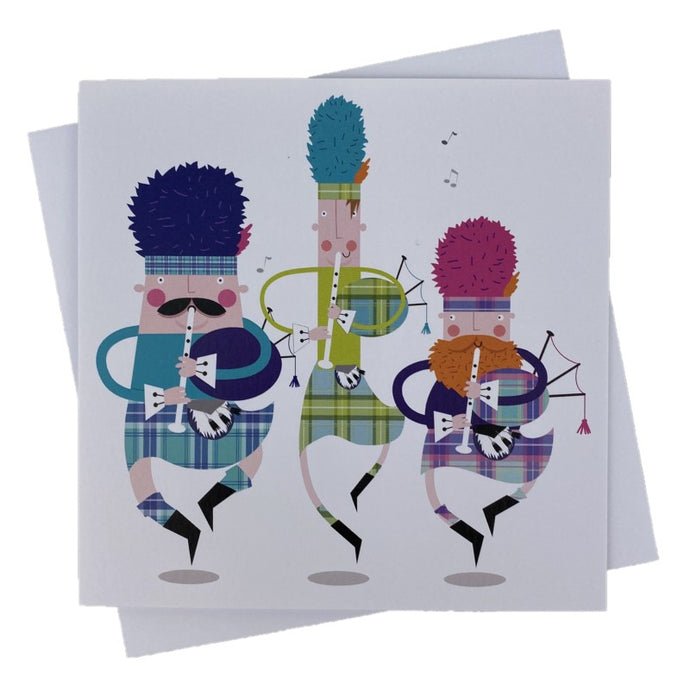 Greetings card with three scottish pipers dancing