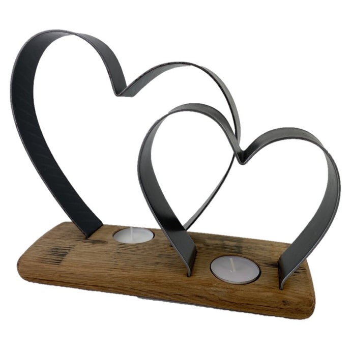Whiskey Barrel Wooden Tea Light Candle Holder with two metal hearts