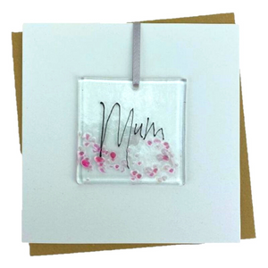White Fused Glass Art Handmade Gard with 'Mum' text on the front