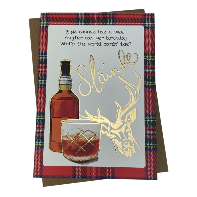 Scottish Birthday Card with Whisky Bottle on the Front and 'Slainte!' saying