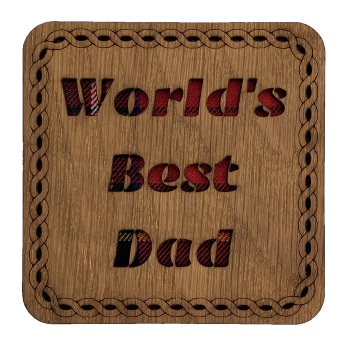 Wooden Mug Coaster with 'Worlds Best Dad' Tartan Text Funny Scottish Gift