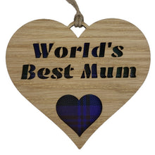 Load image into Gallery viewer, A hanging heart plaque with a tartan background featuring the phrase &quot;World&#39;s Best Mum&quot; and heart design.
