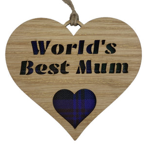A hanging heart plaque with a tartan background featuring the phrase "World's Best Mum" and heart design.