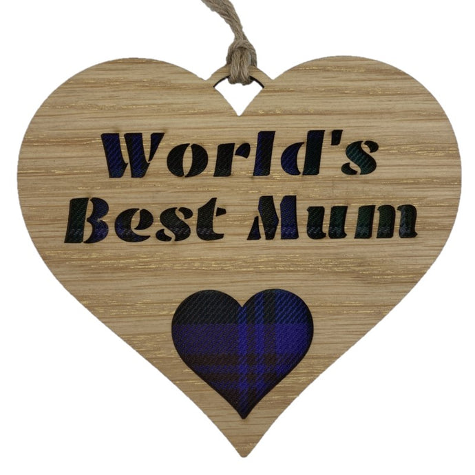 A hanging heart plaque with a tartan background featuring the phrase 