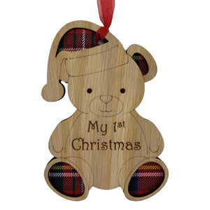 My 1st Christmas Bear Hanging Plaque on an oak veneered surround and a Royal Stewart tartan background