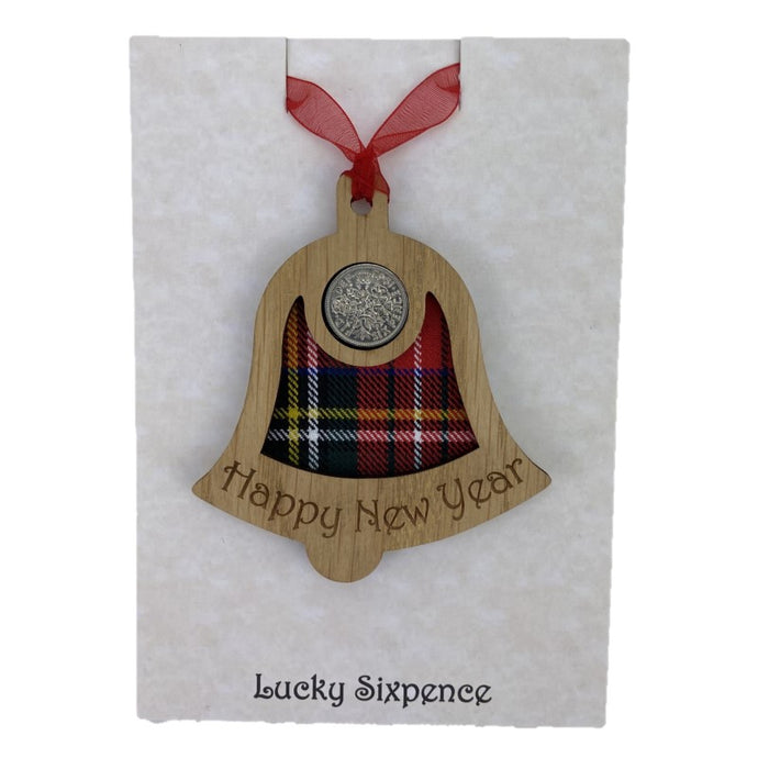 Happy New Year Bell Lucky Sixpence on an oak veneered surround and a Royal Stewart tartan background