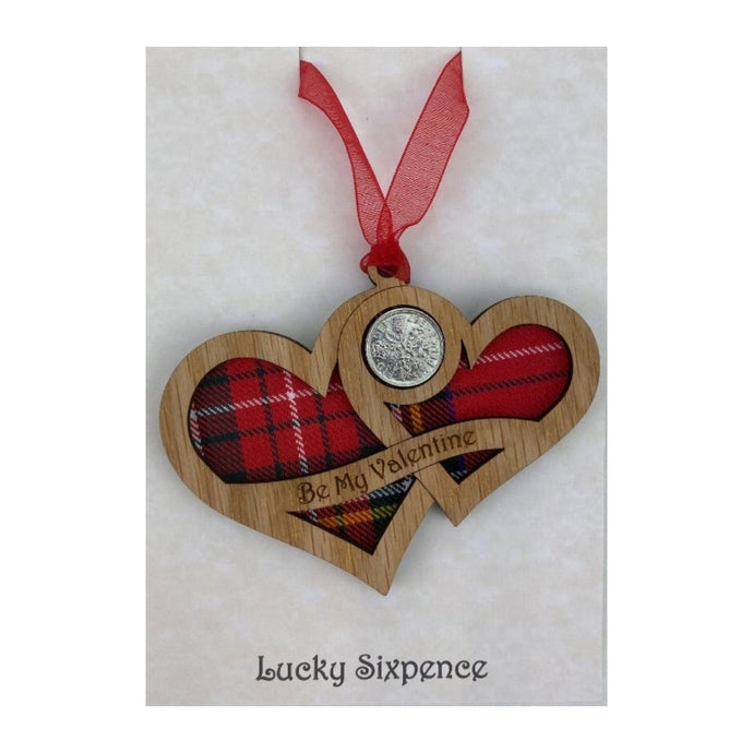 Wooden Plaque shaped with two hearts joined with lucky sixpence and tartan background, engraved with Be My Valentine