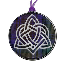 Load image into Gallery viewer, Round hanging plaque with a tartan background
