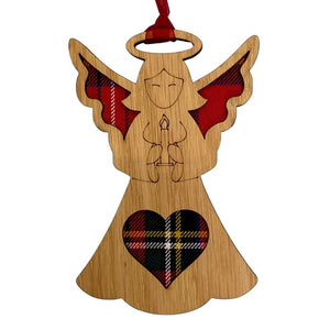 Christmas Angel Hanging Plaque on an oak veneered surround and a Royal Stewart tartan background.