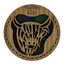 Load image into Gallery viewer, Round Wooden Mug Caoster with Highland Cow Design
