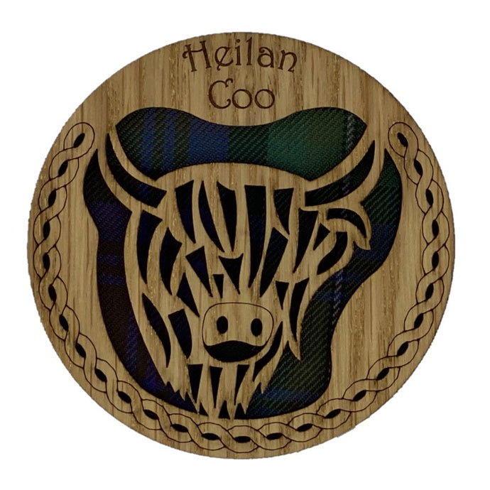 Round Wooden Mug Caoster with Highland Cow Design