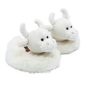 Scottish Baby Slippers with cream highland cow design on the front of the shoe