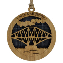 Load image into Gallery viewer, Forth Rail Bridge round hanging plaque with a tartan background
