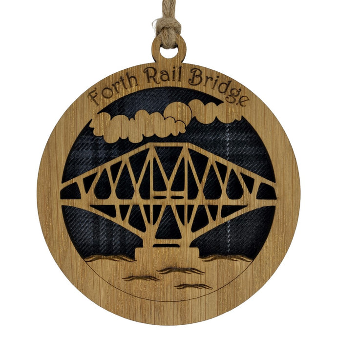 Forth Rail Bridge round hanging plaque with a tartan background