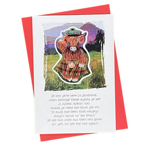 Fridge Magnet Card Kilted Heilan Coo comes with a limited edition Fridge Magnet and matching design on the front.