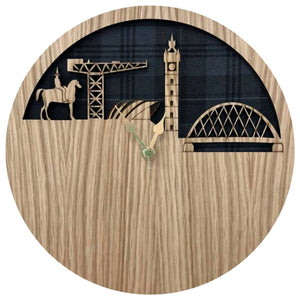 Circle Wooden Wall Clock with Tartan Background and wooden Glasgow Skyline clock face design
