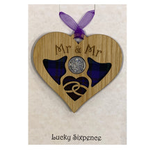 Load image into Gallery viewer, Lucky Sixpence Heart wooden plaque with Mr &amp; Mr
