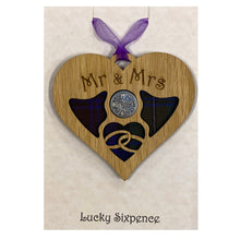 Load image into Gallery viewer, Lucky Sixpence Heart wooden plaque with Mr &amp; Mrs
