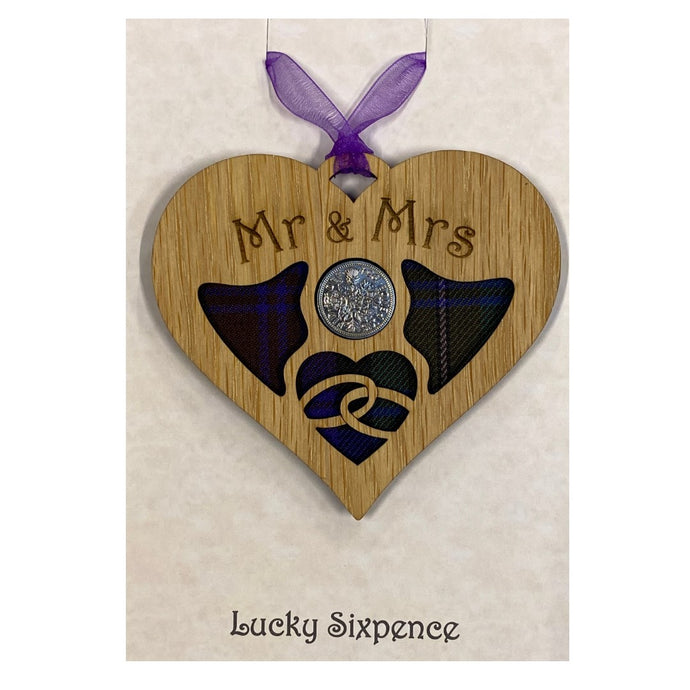 Lucky Sixpence Heart wooden plaque with Mr & Mrs