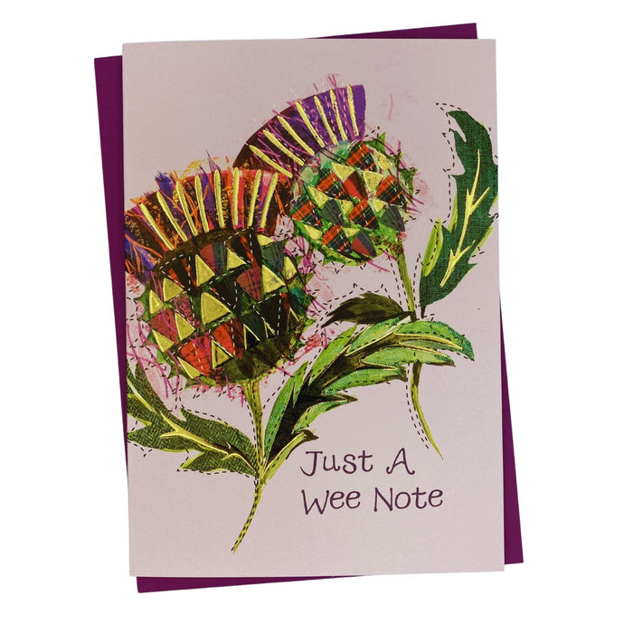 Just A Wee Note Thistles Scottish card with a tartan thistles design on the front. 