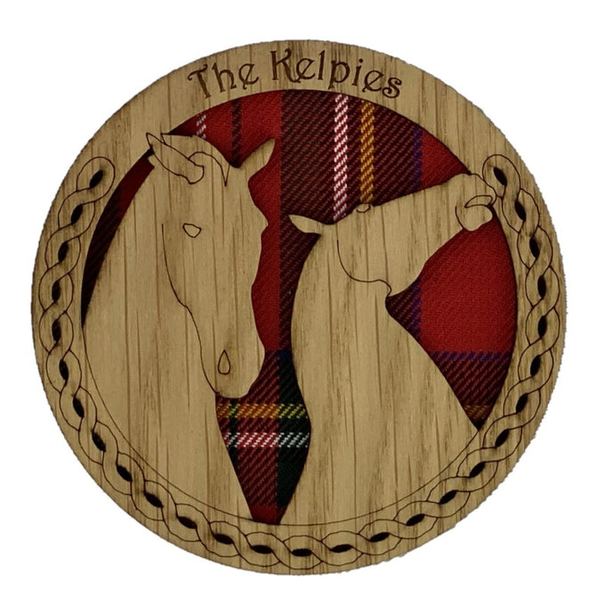 Round Wooden Mug Coaster with Red tartan background and kelpie design