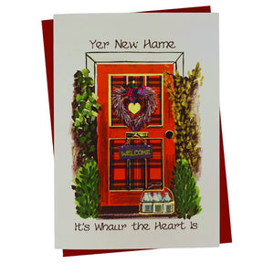 New Home Door Wreath Card with a tartan door design on the front