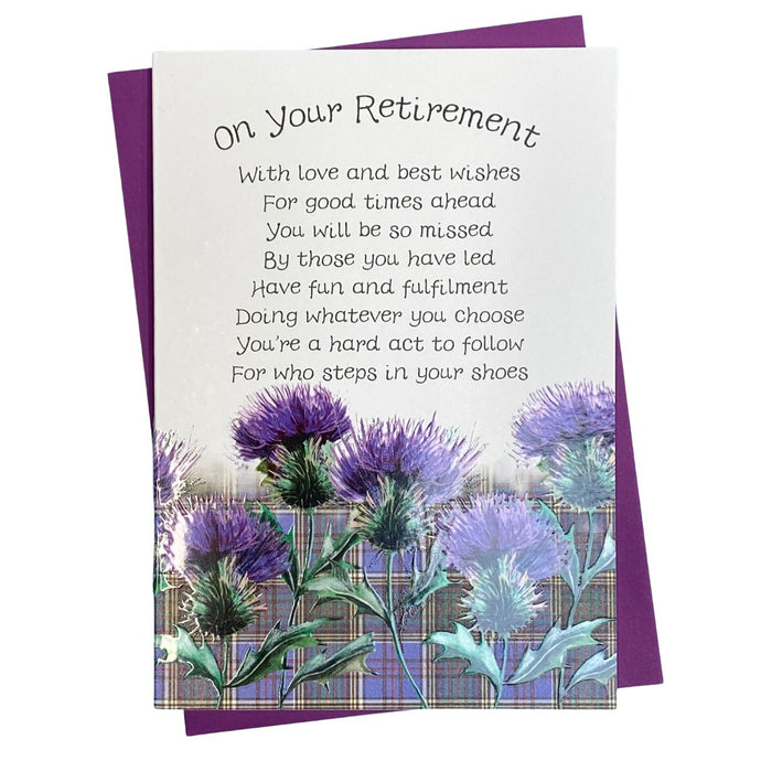 Scottish Retirement Card with a poem and tartan thistles design